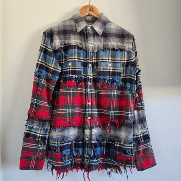 R13 Plaid Piece Long Sleeve Button Up Shirt Mens XS/ Womens M Patchwork - Picture 3 of 12